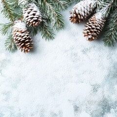 Poster - Snowy pine cones and evergreen branches on white background with copy space for seasonal or winter-themed designs