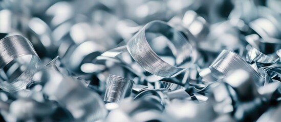 Poster - Metal shavings detail in close-up view with soft focus background, featuring metallic curls and ribbons, Copy Space