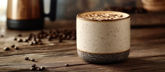 Aufkleber - Coffee cup with frothy beverage and coffee beans on wooden table natural light setting