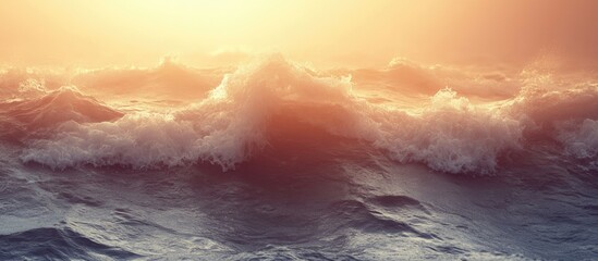 Poster - ocean waves at sunset with warm light reflecting on water surface creating a tranquil atmosphere for