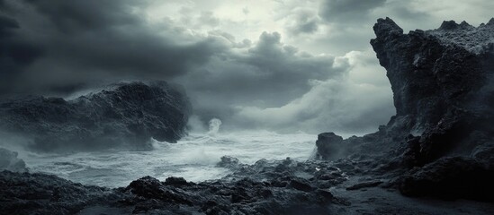 Poster - Dramatic seascape with rocky coastline and stormy clouds creating a moody atmosphere in black and white tones with Copy Space