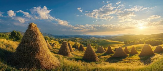 Poster - Golden sun setting over a rural landscape with haystacks on grassy hills under a blue sky with scattered clouds and distant mountains Copy Space