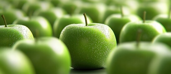 Aufkleber - Fresh green apples with droplets of water in a blurred background of apples Copy Space