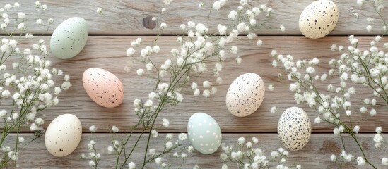 Poster - Colorful Easter eggs arranged on wooden surface with delicate white flowers for festive decoration Copy Space