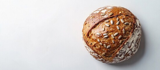 Aufkleber - Artisan round loaf of bread topped with seeds on white background with ample copy space