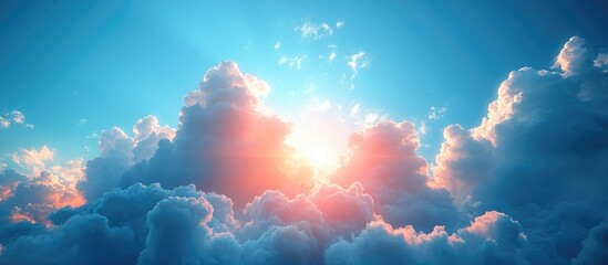 Aufkleber - Colorful Cloud Formation with Sun Rays Illuminating Blue Sky Copy Space