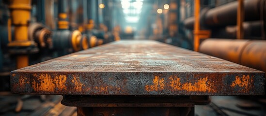 Poster - Rusty metal surface in industrial setting with blurred machinery background and atmospheric lighting, ideal for textures and industrial themes. Copy Space