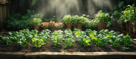 vegetable garden with healthy leafy greens growing in soil surrounded by potted plants and soft sunl