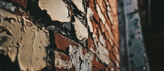 Aufkleber - Textured close-up of an old brick wall with peeling paint and weathered surfaces suitable for backgrounds or architectural designs Copy Space