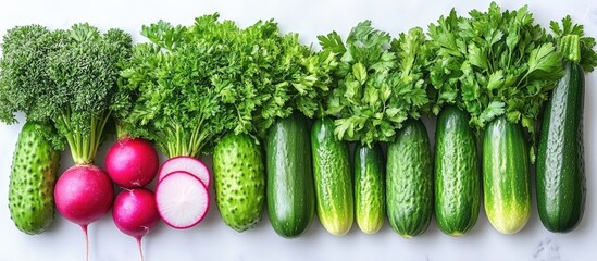 Poster - Fresh assorted vegetables including cucumbers radishes and leafy greens on marble background with copy space