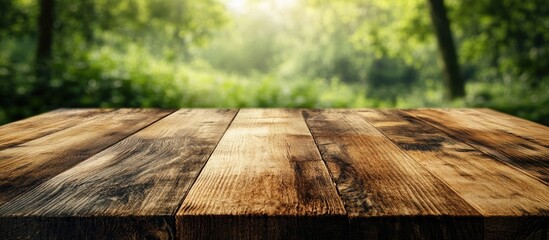 Poster - Wooden table surface with natural background in soft focus and warm light Copy Space