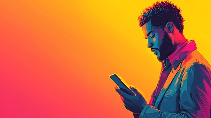 Man using smartphone, vibrant background, profile view, communication