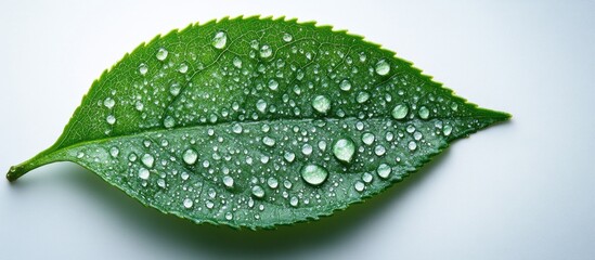 Aufkleber - Close-up of green leaf with water droplets on surface against white background Copy Space