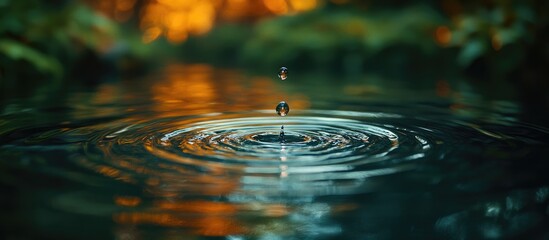 Aufkleber - Water droplet creating ripples on a calm surface with a blurred natural background during sunset Copy Space