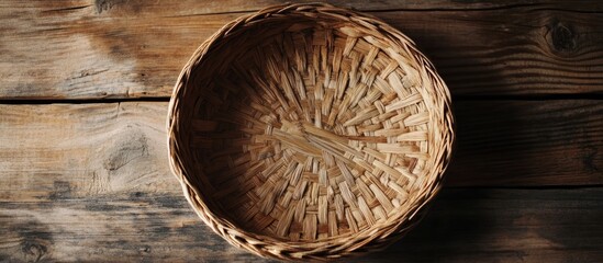 Aufkleber - Woven wicker basket placed on rustic wooden surface with copy space for text or design elements