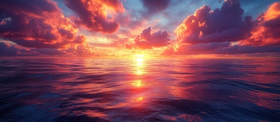 Aufkleber - Vibrant sunset over calm ocean waters with dramatic clouds and reflective surface creating a stunning seascape Copy Space