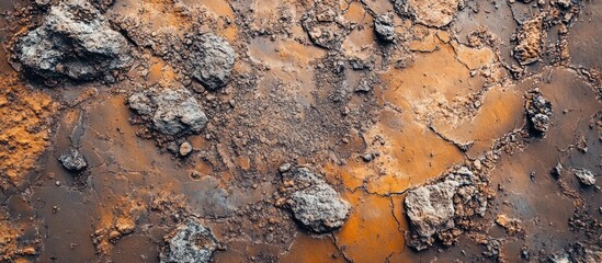 Poster - Textured surface of soil with rocks and orange hues showcasing natural elements and patterns Copy Space