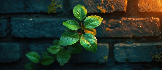 Aufkleber - Green leaves growing against a weathered brick wall with soft lighting and visible water droplets Copy Space