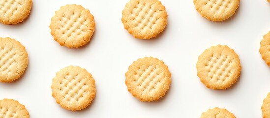 Poster - Pattern of round biscuits arranged on a white surface with textured tops and golden brown edges ideal for food photography Copy Space