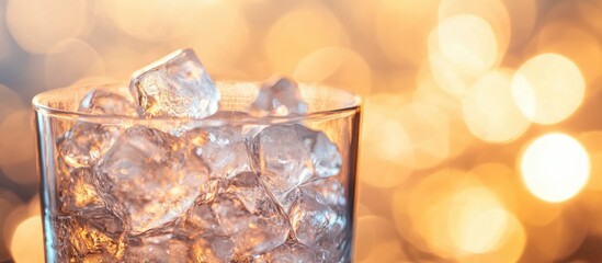 Aufkleber - Glass of ice cubes with bokeh background in warm tones and copy space for text