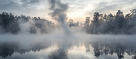 Poster - Foggy lake landscape with trees and reflections during sunrise natural scenery with mist and calm water Copy Space