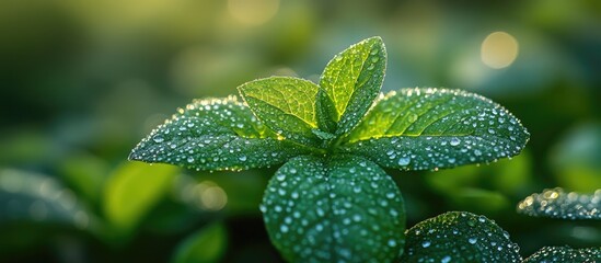 Aufkleber - Fresh green mint leaves with water droplets in natural sunlight creating a vibrant and healthy appearance Copy Space