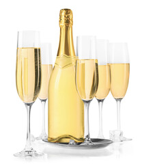 Champagne in glasses and bottle isolated on white. Sparkling wine