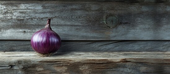 Poster - Fresh red onion on rustic wooden shelf with textured background and ample copy space for text placement
