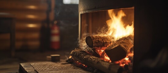 Poster - Cozy fireplace with burning logs in a rustic cabin interior with warm glow and smoke detail visible Copy Space