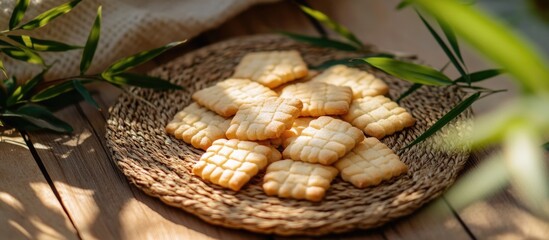 Poster - Plate of rectangular butter cookies arranged in a decorative manner on a woven mat surrounded by natural green elements with Copy Space