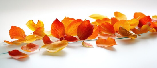 Poster - Colorful autumn leaves arranged on a white background with copy space for text.