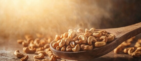 Aufkleber - Wooden spoon filled with roasted cashew nuts on a rustic kitchen countertop with warm lighting Copy Space