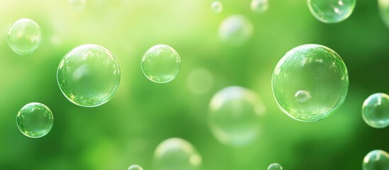Aufkleber - Abstract image of floating soap bubbles with a green blurred background suitable for water and nature themes Copy Space