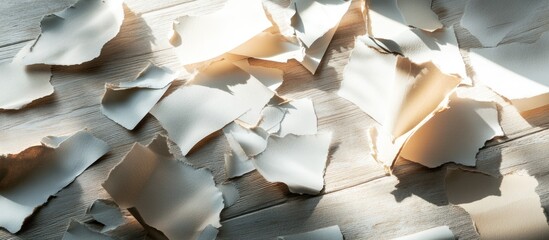 Aufkleber - Scattered torn paper pieces on wooden surface with soft light creating shadows and textures Copy Space