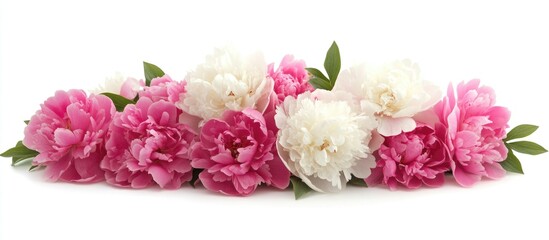 Aufkleber - Pink and white peonies arranged in a line with green leaves on a white background Copy Space