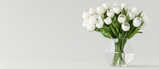Aufkleber - White tulip bouquet in clear glass vase on minimalist background with ample copy space for text.