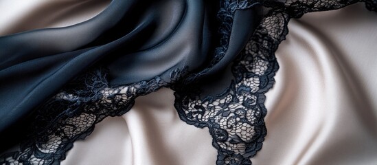 Aufkleber - Black lace fabric on smooth beige silk with flowing drapes and textures ideal for textile design or fashion backgrounds Copy Space