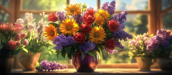 Poster - Vibrant bouquet of sunflowers, roses, and lilacs in a decorative vase with a window view of nature, indoor setting, Copy Space