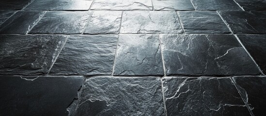 Aufkleber - Textured dark stone floor tiles with reflections and natural light creating depth and contrast. Copy Space available.