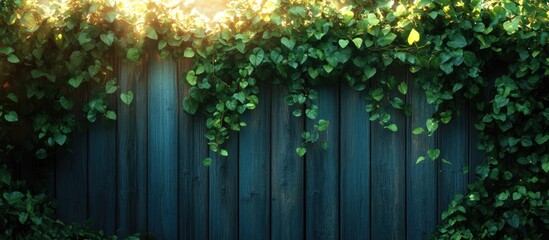 Poster - Lush green ivy climbing over a rustic wooden fence with sunlight filtering through leaves Copy Space