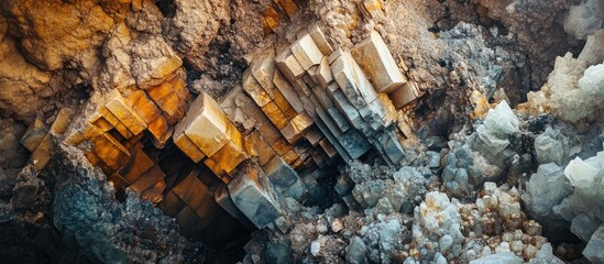 Canvas Print - Detailed close-up view of crystal formation showcasing vibrant colors and structured shapes in a mineral-rich environment. Copy Space