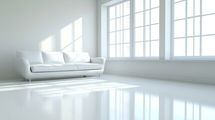 Fototapete - A modern white room with simple, clean lines and minimalist furniture. The brightness and purity of the space are complemented by natural light streaming in from large windows.