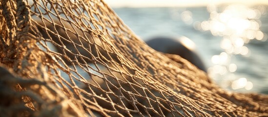 Aufkleber - Fishing net close-up against a blurred ocean background with sunlight reflections and gentle waves Copy Space