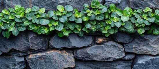 Aufkleber - Lush green foliage growing on a textured dark stone wall with natural patterns and colors ideal for background imagery Copy Space