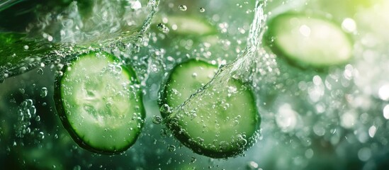 Aufkleber - Fresh cucumber slices splashing in water with bubbles and a blurred green background featuring Copy Space