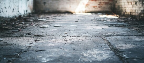 Sticker - Abandoned interior of a building with dirty concrete floor and scattered debris illuminated by natural light Copy Space