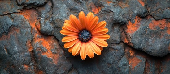 Aufkleber - Orange flower on textured dark stone background with vibrant colors and contrast, suitable for floral design and nature themes, Copy Space
