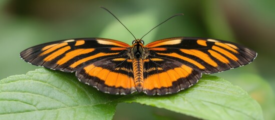 Aufkleber - Orange and black butterfly perched on a green leaf with intricate patterns and wings fully spread, Copy Space