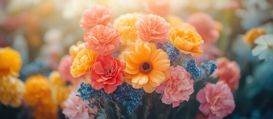 Aufkleber - Colorful bouquet of mixed flowers including carnations and daisies with soft focus and warm lighting ideal for floral background Copy Space