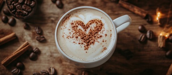 Poster - Heart shaped latte art in white cup surrounded by coffee beans and cinnamon sticks on wooden surface with warm lighting Copy Space